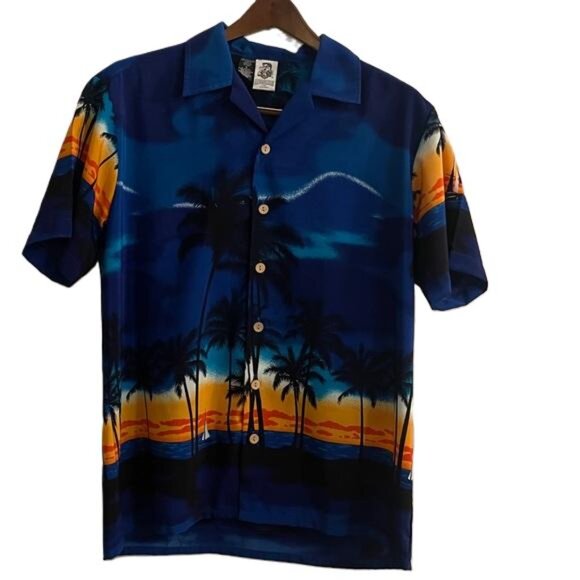 Kennington Ltd. Tropical Sunset Blue Casual Button Down Shirt, Large - Picture 1 of 5